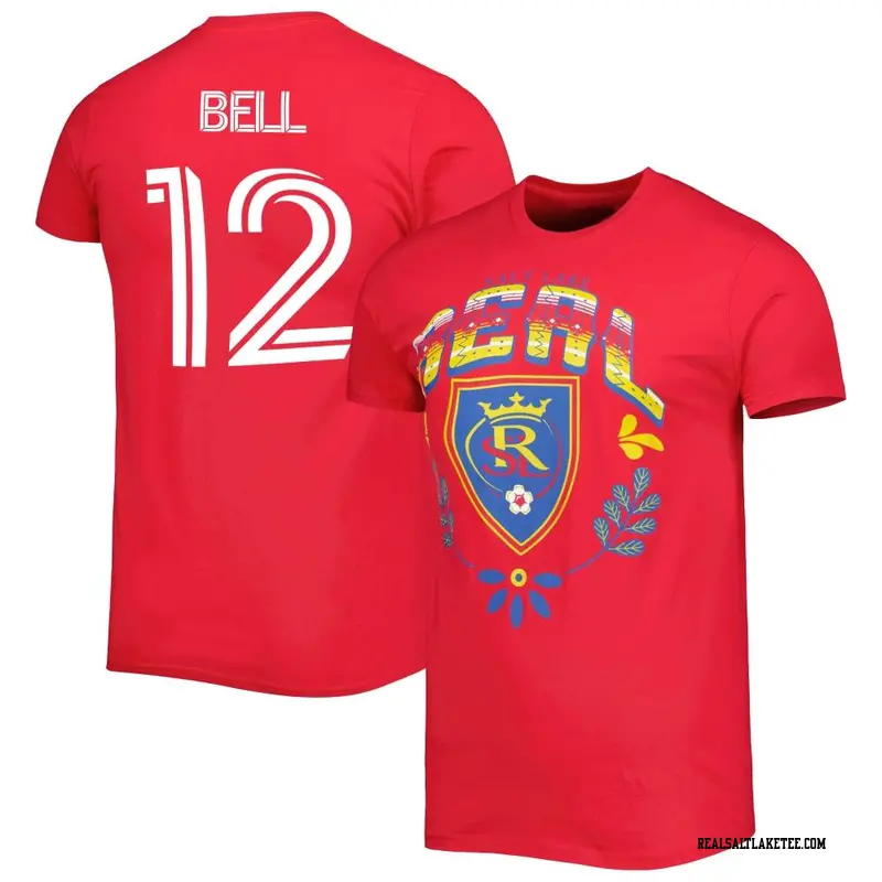 Men's Real Salt Lake ＃12 Matthew Bell Red Name & Number Serape T-Shirt