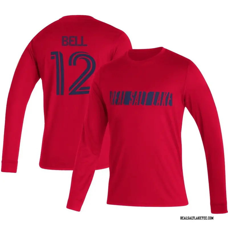 Men's Real Salt Lake ＃12 Matthew Bell Red Name & Number Vintage Performance Long Sleeve T-Shirt