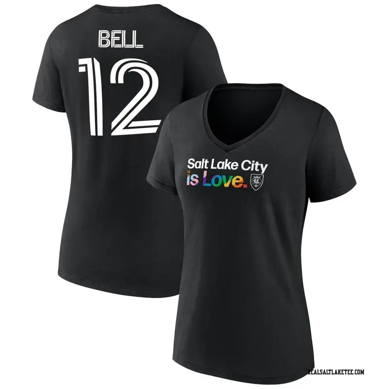 Women's Real Salt Lake ＃12 Matthew Bell Black Name & Number City Pride V-Neck T-Shirt